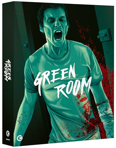 Blu-ray cover for "Green Room" featuring a distressed man and blood splatter.