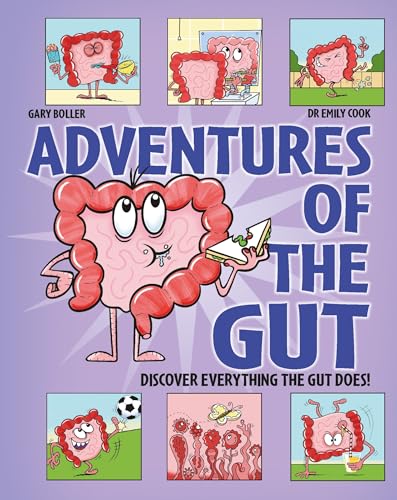 Book cover: cartoon intestines with faces, eating and playing.