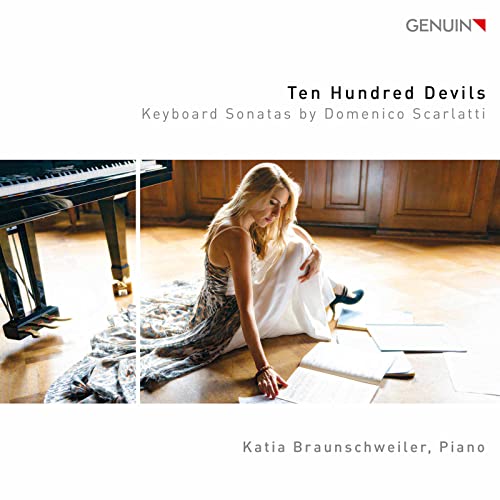 CD cover: Pianist Katia Braunschweiler with a grand piano and sheet music.