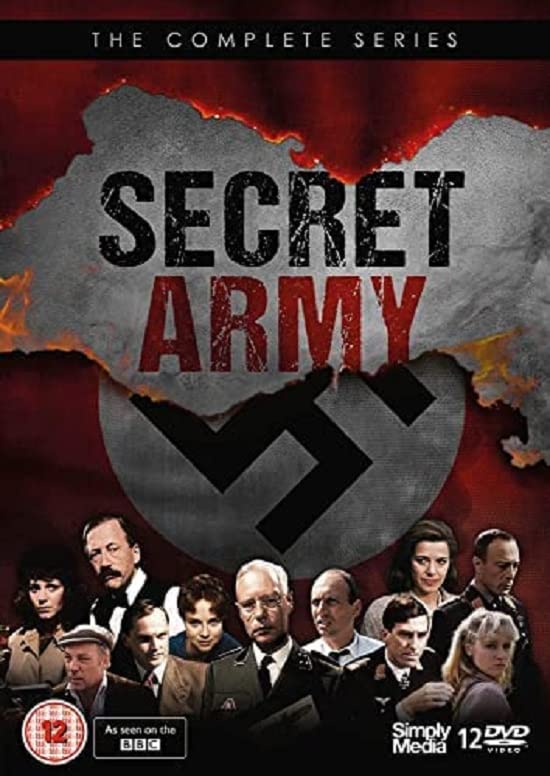 DVD cover for "Secret Army" with cast photos and a broken swastika.