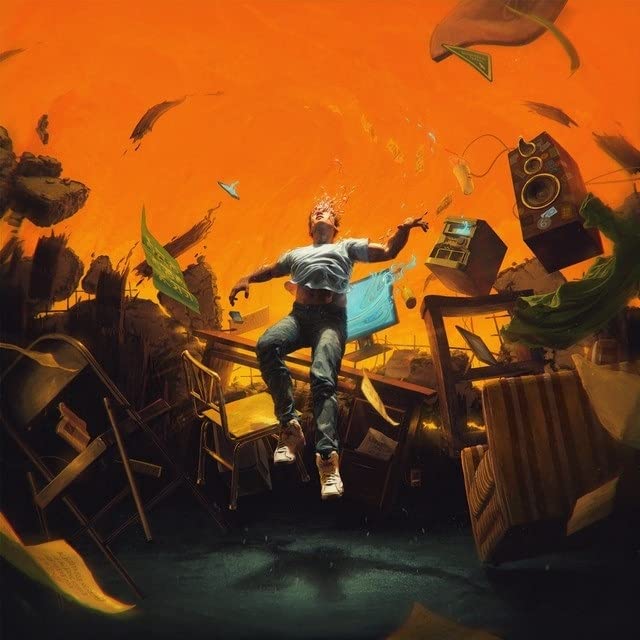 Man falling amidst scattered objects in a fiery orange scene.