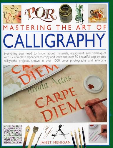 Calligraphy instruction book cover with lettering examples, tools, and artwork.