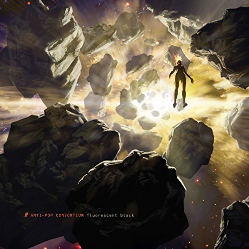 Album cover: a figure floats amidst fractured rocks and a bright, cosmic sky.