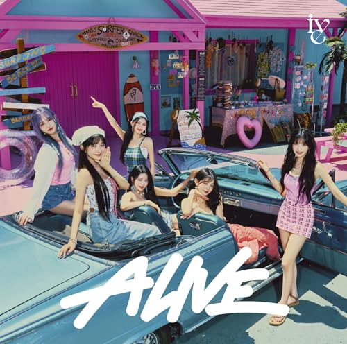 Six women in a blue convertible car, pink beach shop backdrop.