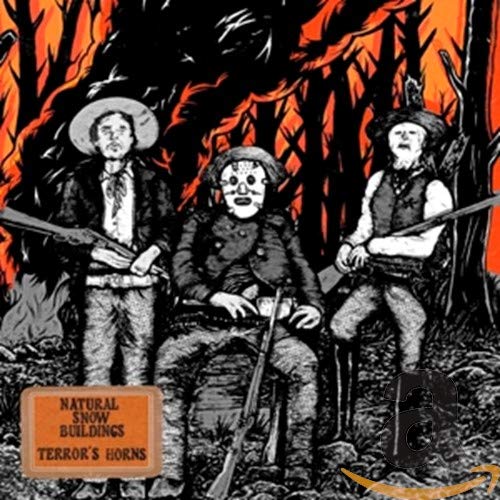 Three figures with rifles stand before a fiery, wooded background.