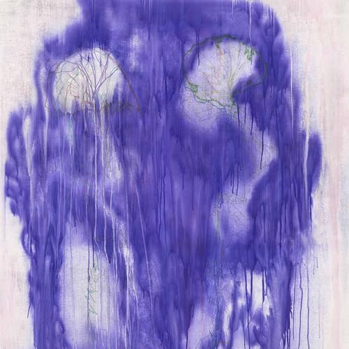 Abstract purple and white painting resembling trees in a swamp.