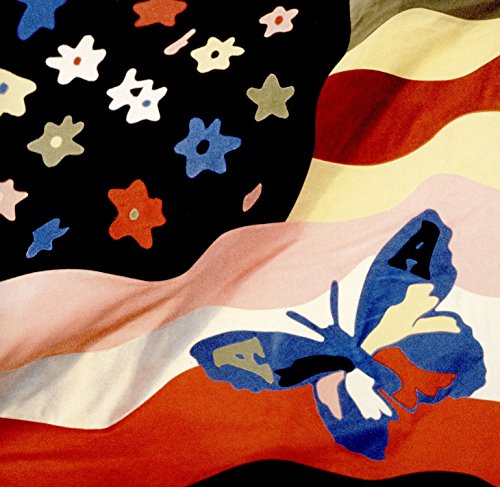 Colorful floral and butterfly design on a waving flag background.