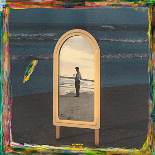 Album cover: man facing a mirror on a beach, colorful border.
