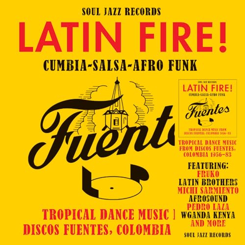 Yellow vinyl record cover with "Latin Fire!" text and a tower illustration.