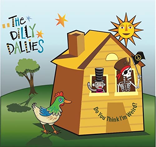 CD cover: cartoon house with skeleton, pirate, chicken, and sun.