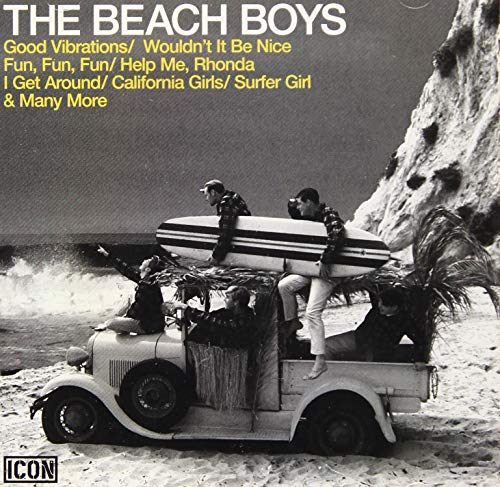 Black and white CD cover of The Beach Boys with a truck and surfers.
