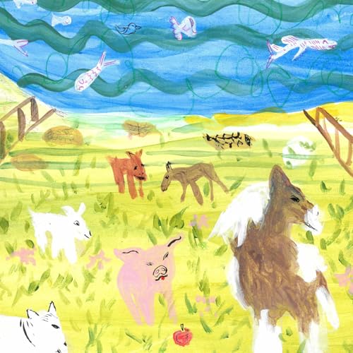 Painted album cover with farm animals in a yellow and blue landscape.