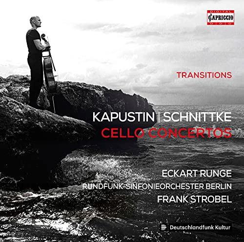 CD cover: cellist on rocks, text “Transitions” and composers’ names.