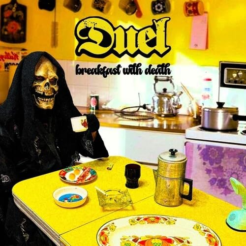 Grim reaper figure at a breakfast table with food and kitchen items.