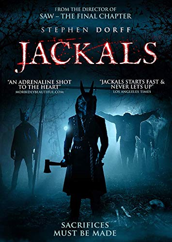 DVD cover for horror film "Jackals" featuring a figure with animal mask and axe.