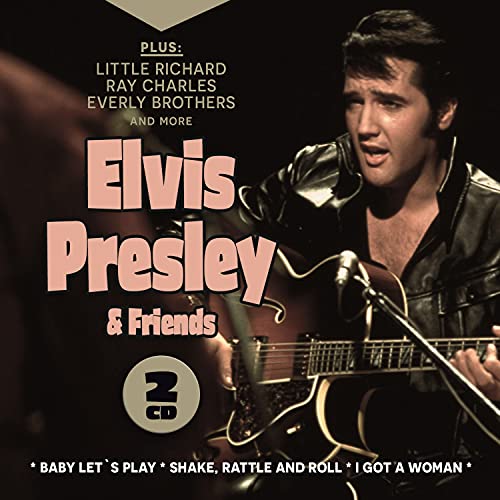 Elvis Presley in leather jacket with guitar, plus names of featured artists.