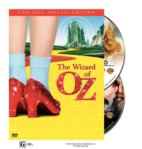 The Wizard of Oz DVD cover featuring ruby slippers and the Emerald City.