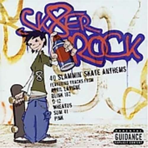 CD cover for “Sk8er Rock” featuring cartoon skater with spray paint.