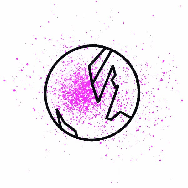 Black and white lightning bolt symbol inside a circle with pink splatter.