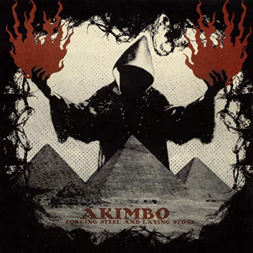 Dark figure with outstretched arms before pyramids and fiery bursts.