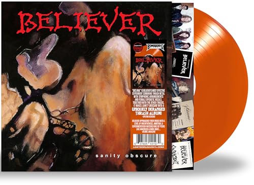 Believer" album cover and orange vinyl record, metal band imagery.