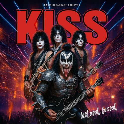 Kiss band members in stage makeup with guitars, album cover art.