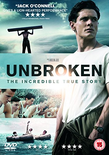 DVD cover for "Unbroken" featuring Jack O'Connell and rowing scenes.