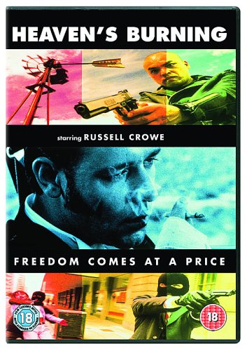 DVD cover for Heaven's Burning featuring Russell Crowe, a windmill, and armed masked figures.