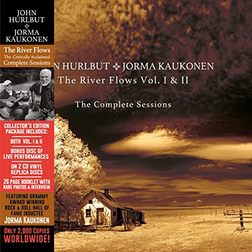 CD cover for "The River Flows" by Hurlbut & Kaukonen, featuring a cabin.