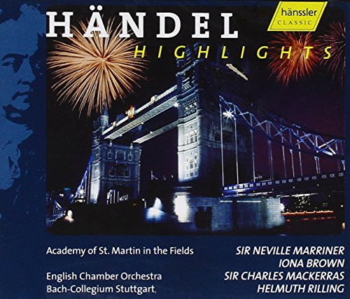 CD cover for Handel's "Highlights" featuring Tower Bridge and fireworks.