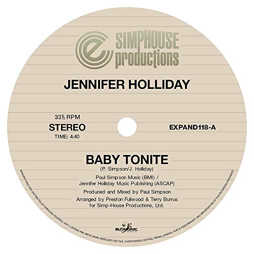 Vinyl record label for Jennifer Holliday’s “Baby Tonite,” striped background.