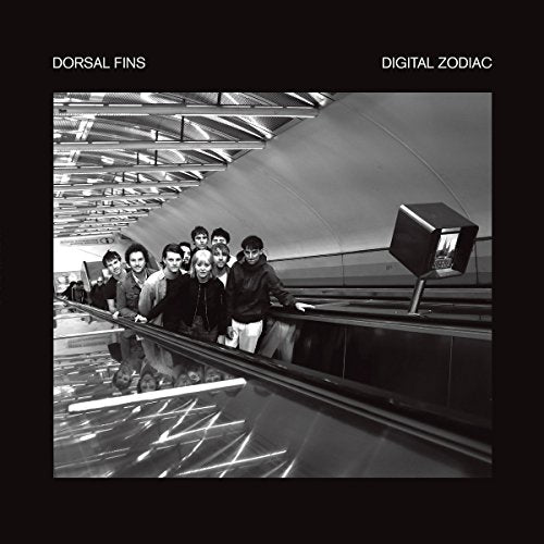 Black and white album cover featuring a group on an escalator.