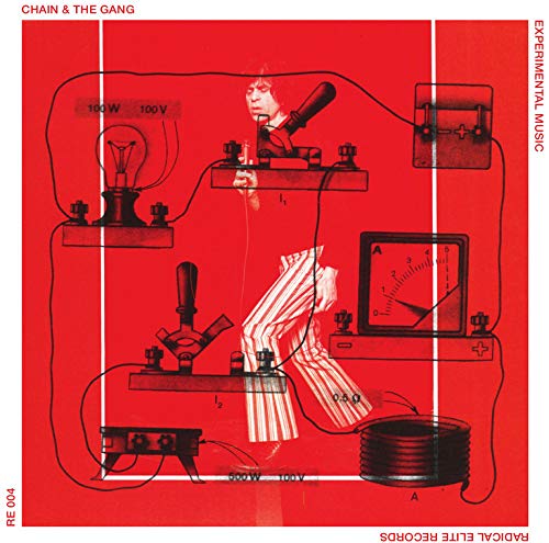 Red album cover featuring a person amidst electrical equipment diagrams.