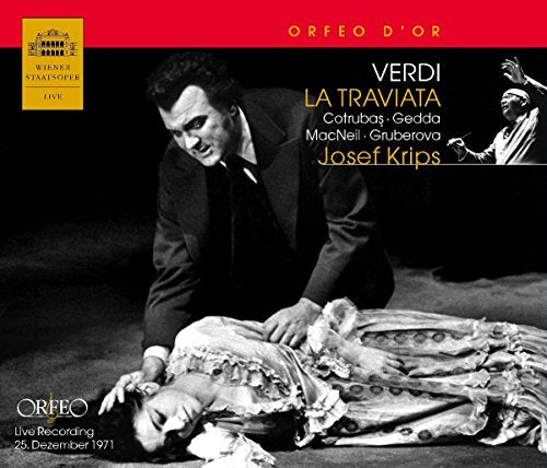 Black and white opera scene with two singers, red background, text overlay.