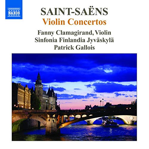 CD cover for Saint-Saëns violin concertos with a cityscape background.