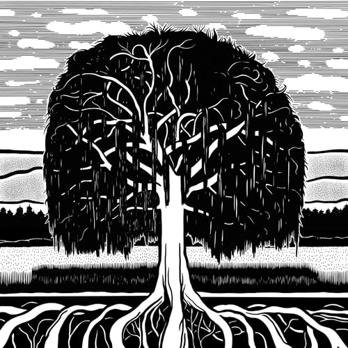 Black and white illustration of a weeping willow tree with exposed roots.