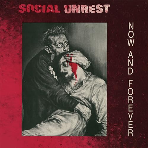Album cover: two men in distress, blood, red and black tones.