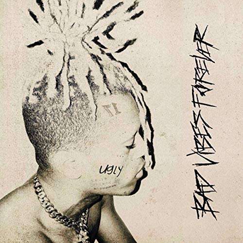 Sepia-toned portrait of Xxxtentacion with "Bad Vibes Forever" text.