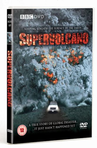 DVD cover for “Supervolcano” depicting a volcanic eruption and a car.