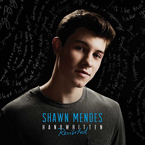 Shawn Mendes album cover, "Handwritten (Revisited)", with handwritten text background.
