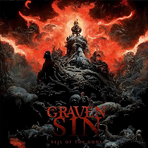 Dark fantasy album cover with figures amidst a fiery, chaotic landscape.