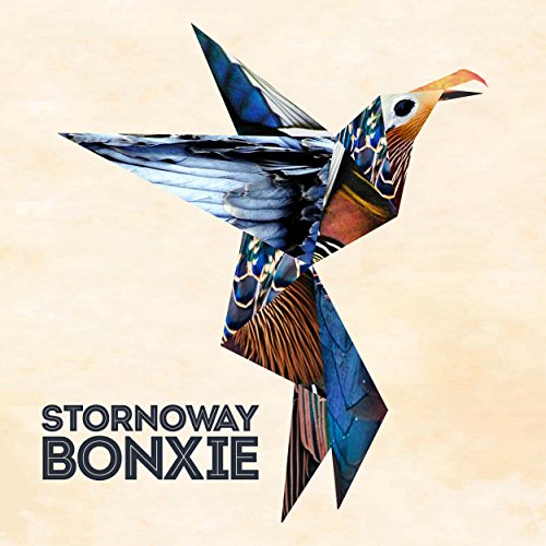 Origami bird with blue and brown patterns on a beige background.