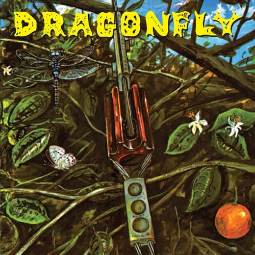 CD cover with painted dragonfly, mechanical parts, and green foliage.