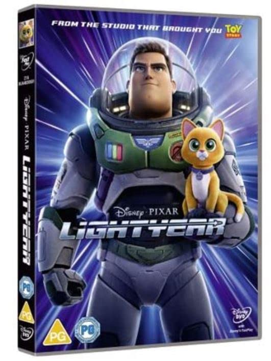 Lightyear DVD cover featuring Buzz Lightyear and a ginger cat.