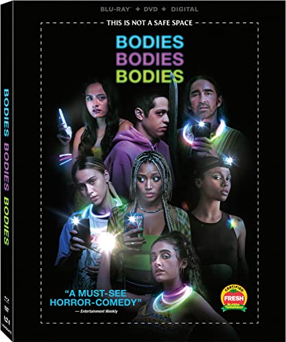 Bodies Bodies Bodies" Blu-ray cover featuring a group of young people with phones.