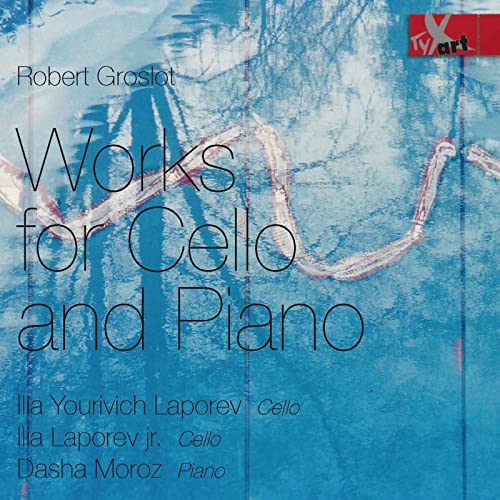 CD cover for cello and piano works by Robert Groslot, blue abstract art.