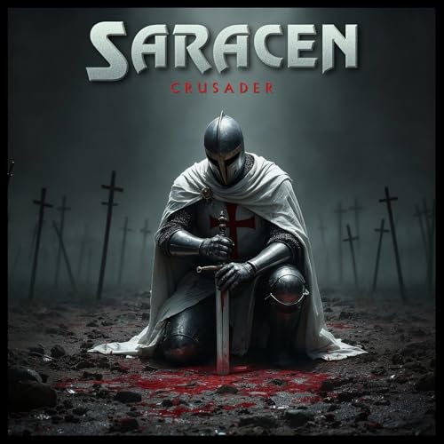 Saracen - Crusader album cover: knight with sword in a graveyard.
