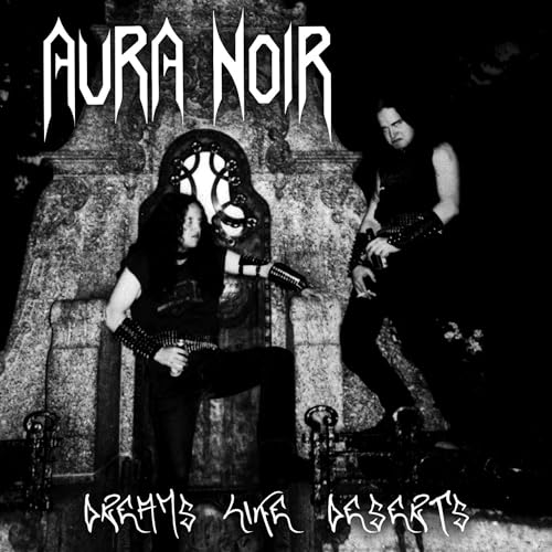 Black and white album cover featuring two band members standing before a stone monument.