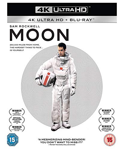 Blu-ray cover for the film Moon featuring an astronaut standing against a circular background.