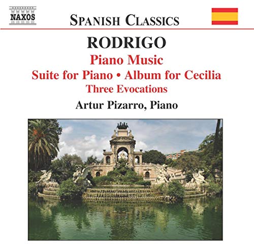 CD cover for Rodrigo’s Piano Music, Vol. 2, featuring a park fountain.
